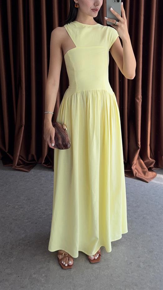 Omuz Detaylı Keten Sarı Elbise