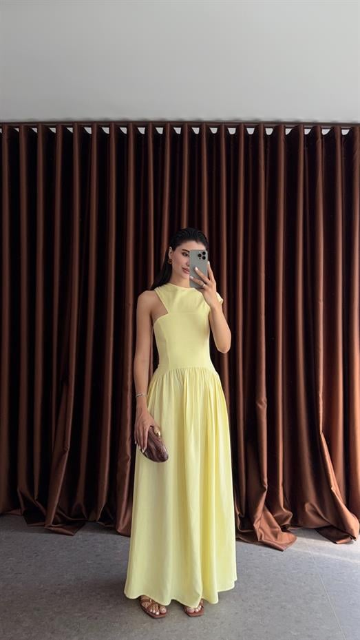 Omuz Detaylı Keten Sarı Elbise