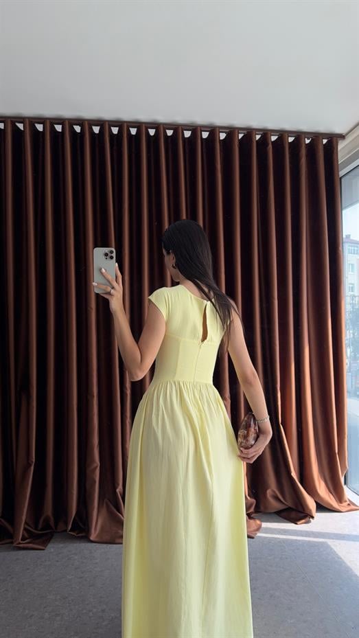 Omuz Detaylı Keten Sarı Elbise