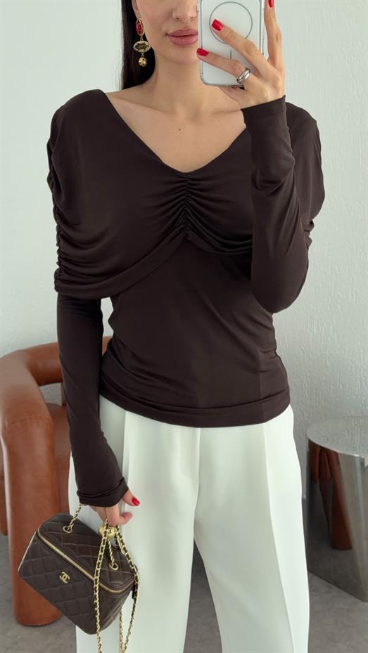 Omuz Drapeli Acı Kahve Bluz