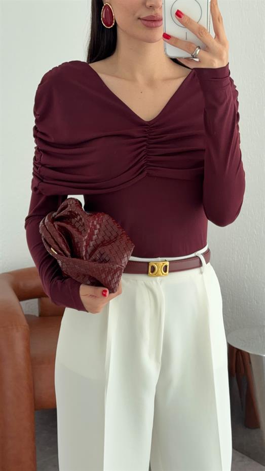 Omuz Drapeli Bordo Bluz