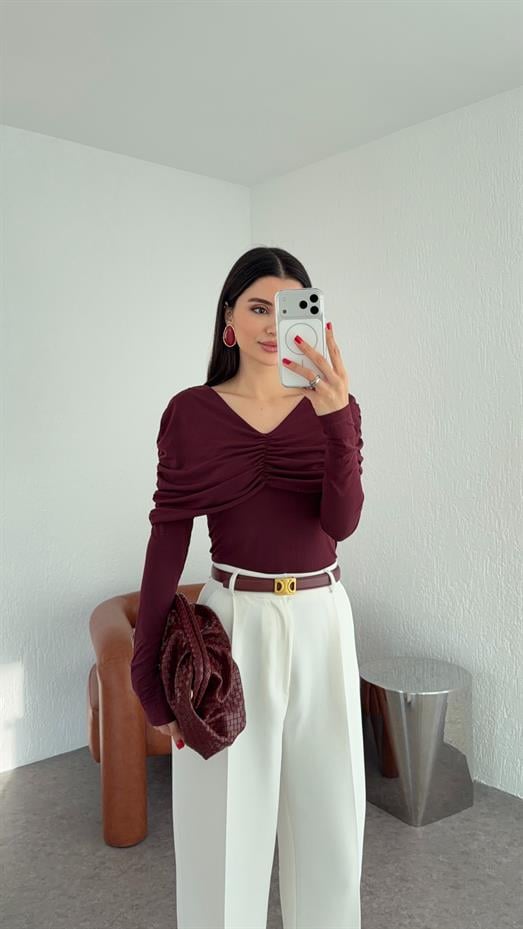 Omuz Drapeli Bordo Bluz