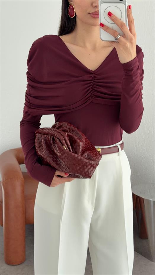 Omuz Drapeli Bordo Bluz