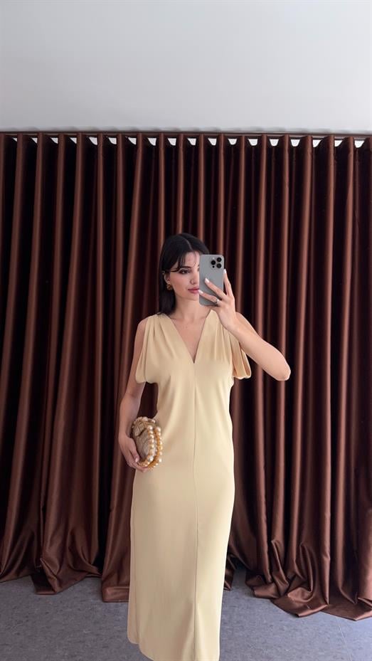 Omuz Tokalı Butter Yellow Elbise