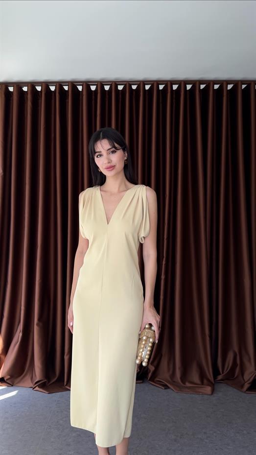 Omuz Tokalı Butter Yellow Elbise