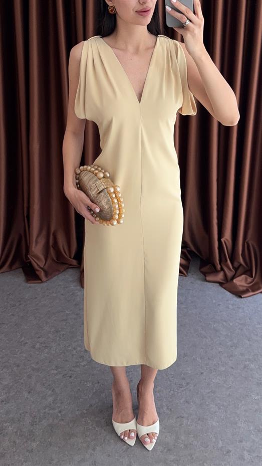 Omuz Tokalı Butter Yellow Elbise