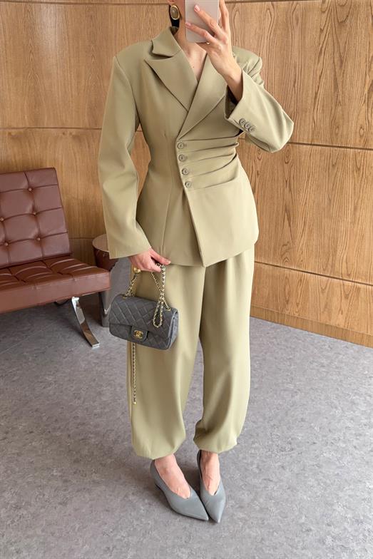 Önden Drapeli Haki Şalvar Takım