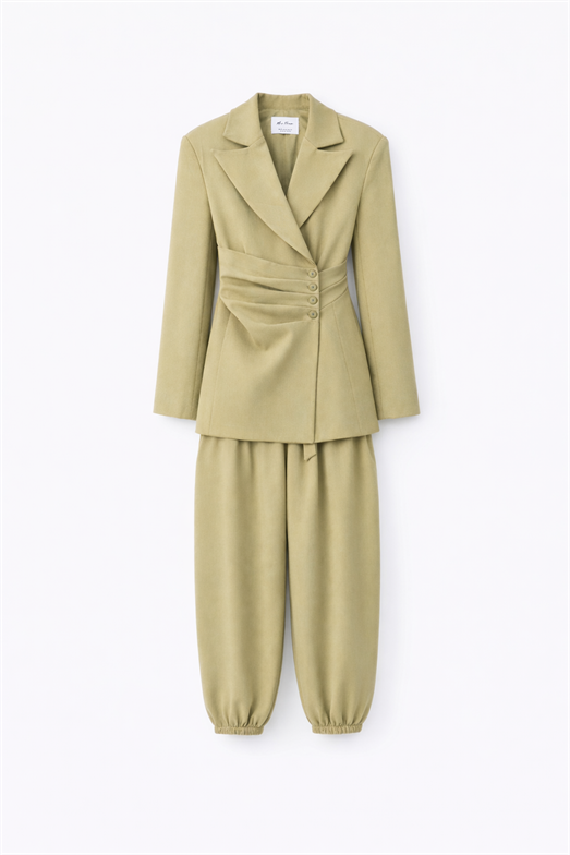 Önden Drapeli Haki Şalvar Takım