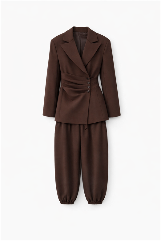 Önden Drapeli Kahverengi Şalvar Takım