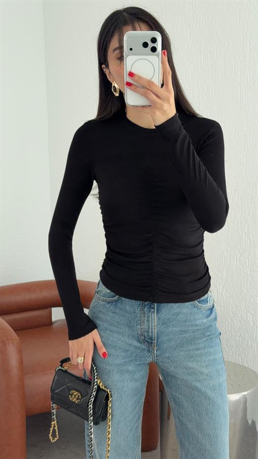 Önü Büzgülü Siyah Soft Touch Bluz