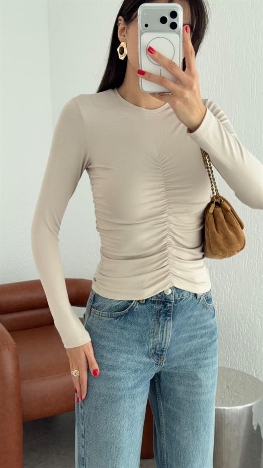 Önü Büzgülü Taş Soft Touch Bluz