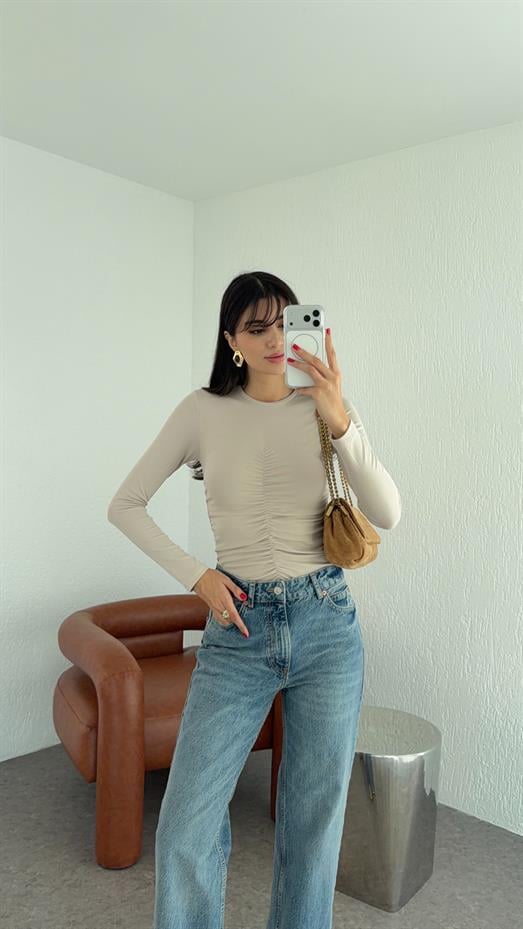 Önü Büzgülü Taş Soft Touch Bluz