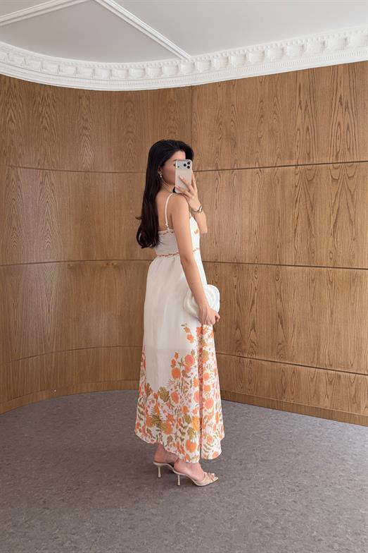 Oranj Çiçek Desenli Askılı Elbise