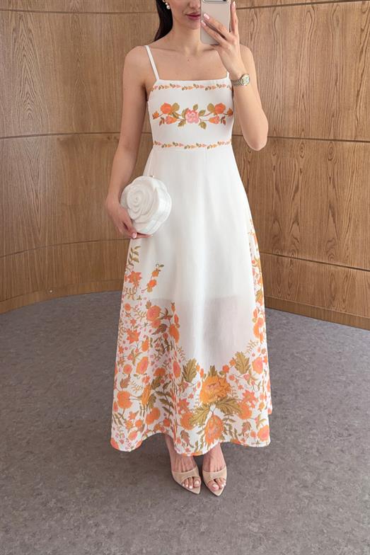 Oranj Çiçek Desenli Askılı Elbise