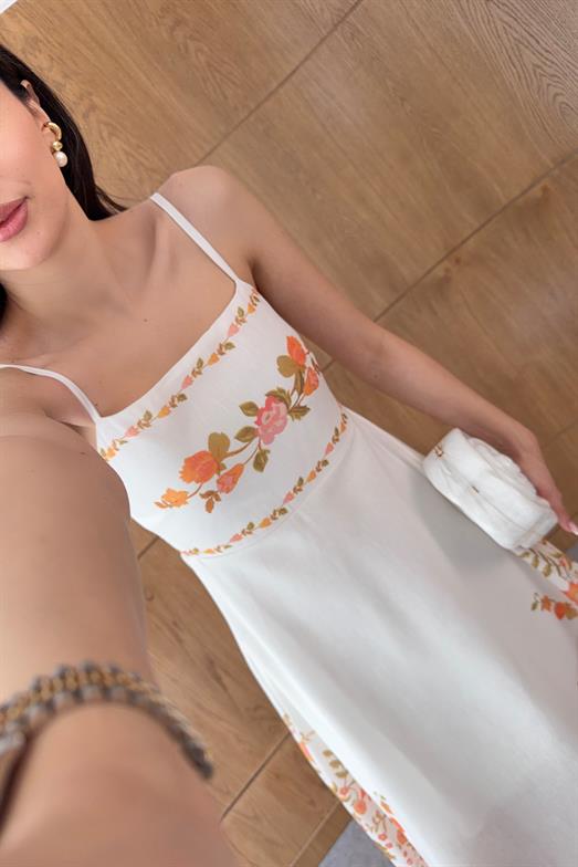 Oranj Çiçek Desenli Askılı Elbise