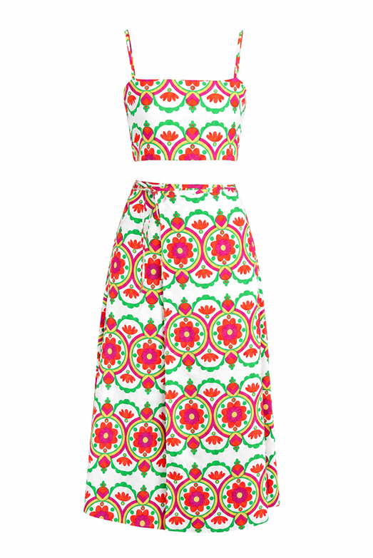 Oranj Desenli Crop-Etek Takım