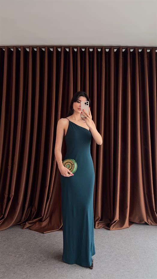 Ördek Yeşili Tek Omuz Elbise