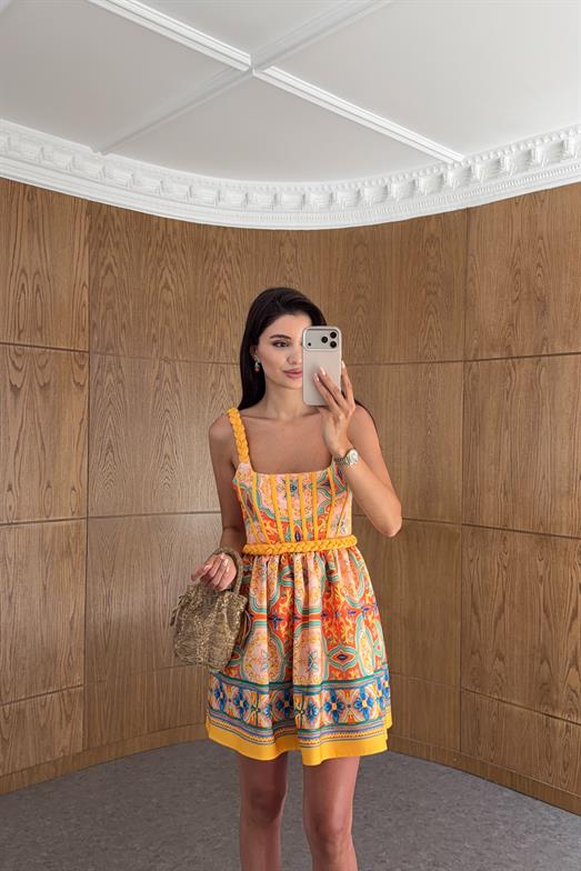 Örgü Detaylı Sarı Mini Elbise