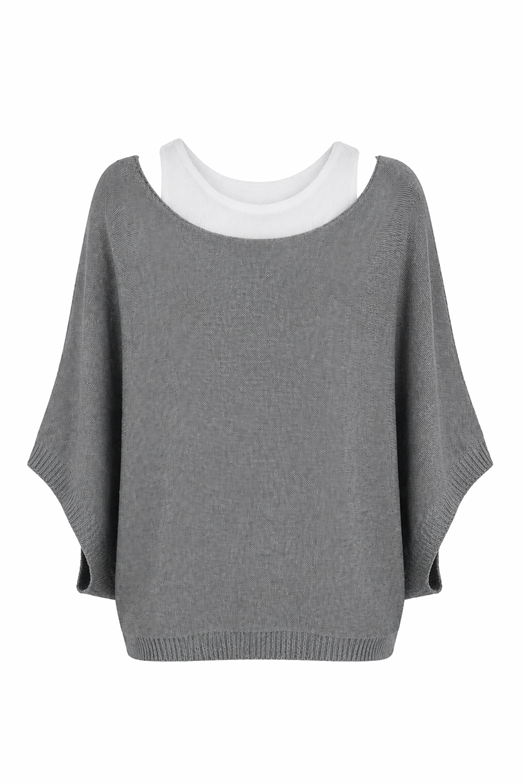 Oversize Kayık Yaka Gri Triko Bluz