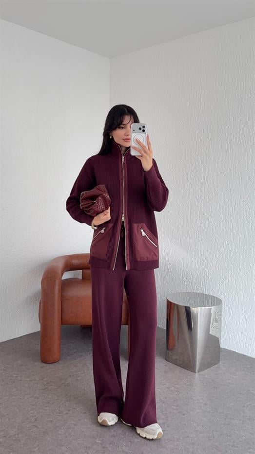 Paraşüt Garnili Premium Mürdüm Triko Takım