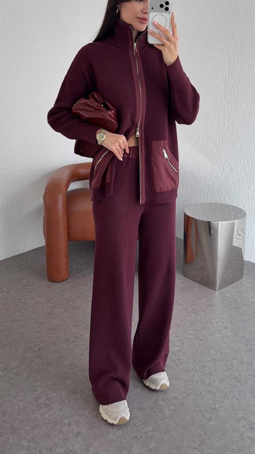 Paraşüt Garnili Premium Mürdüm Triko Takım