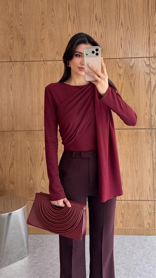 Parça Detaylı Bordo Bluz