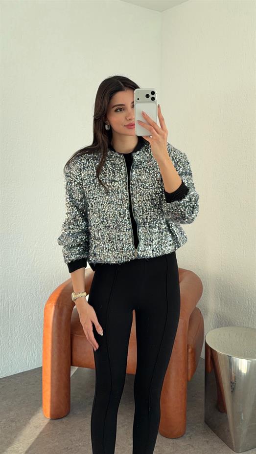 Payetli Gümüş Ceket