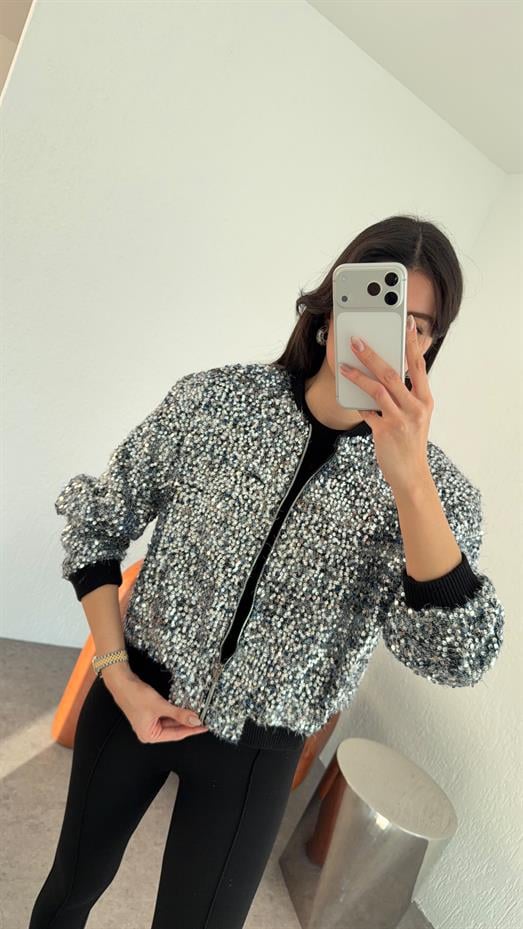 Payetli Gümüş Ceket
