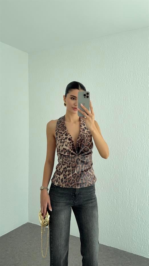 Payetli Leopar Bluz