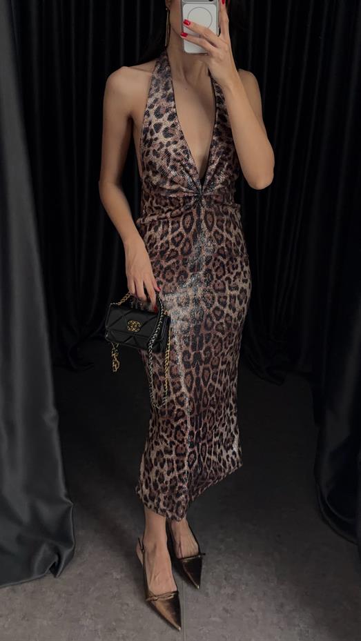 Payetli Leopar Elbise