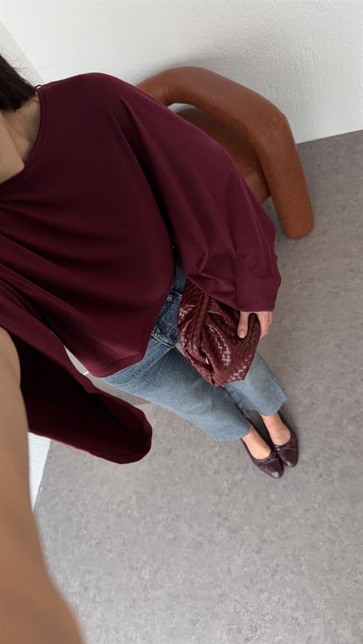 Pelerinli Basic Bordo Bluz