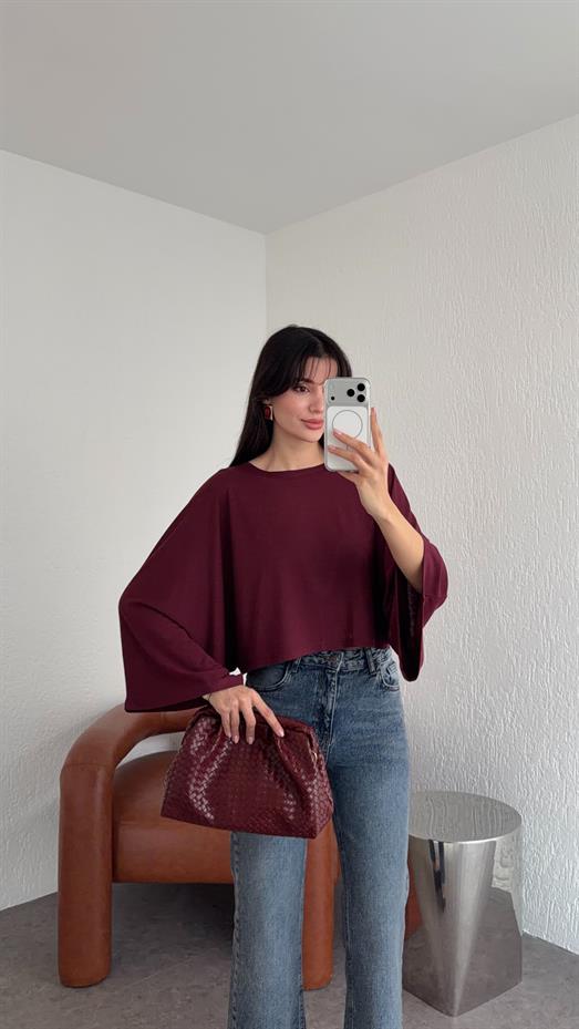 Pelerinli Basic Bordo Bluz