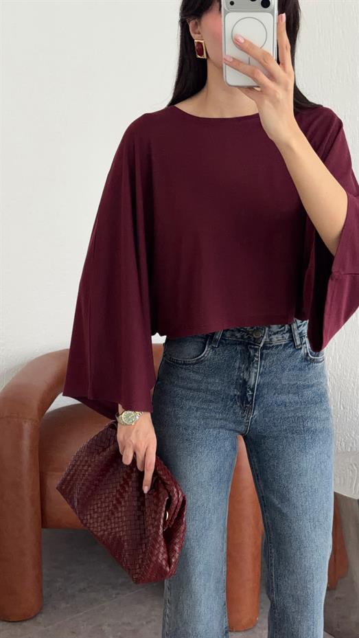 Pelerinli Basic Bordo Bluz