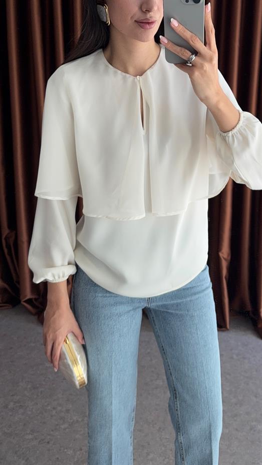 Pelerinli Ekru Bluz