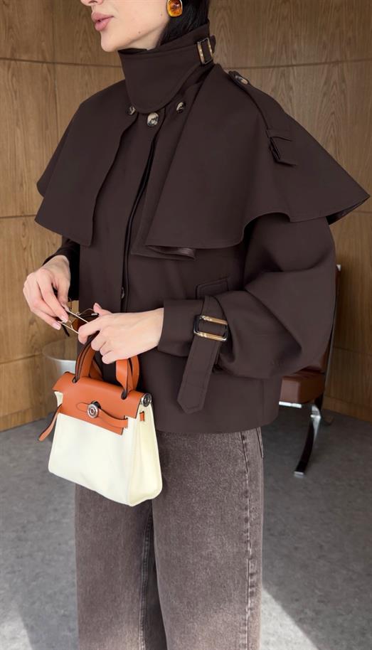 Pelerinli Kahve Kısa Trenç