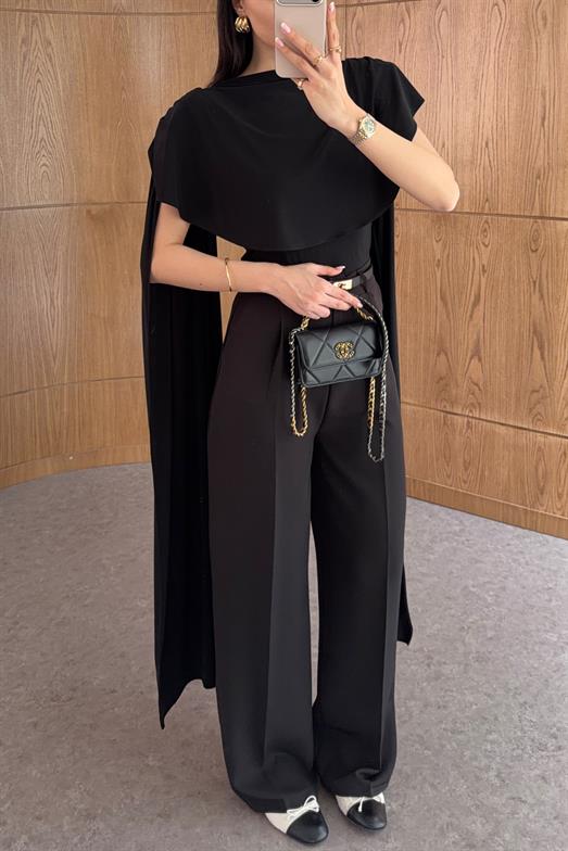 Pelerinli Siyah Bluz