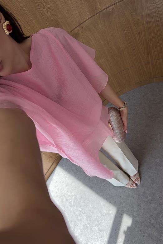 Pembe Asimetrik Şifon Bluz