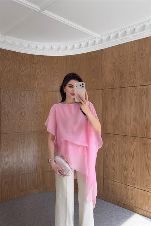 Pembe Asimetrik Şifon Bluz