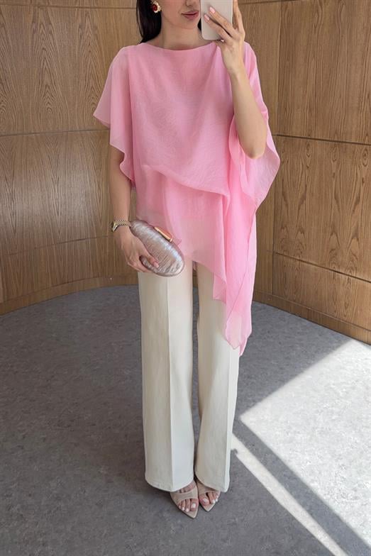 Pembe Asimetrik Şifon Bluz