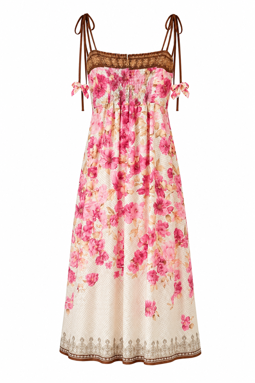 Pembe Çiçek Desenli Vintage Askılı Elbise