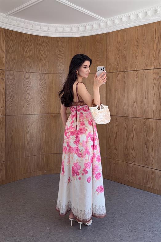 Pembe Çiçek Desenli Vintage Askılı Elbise