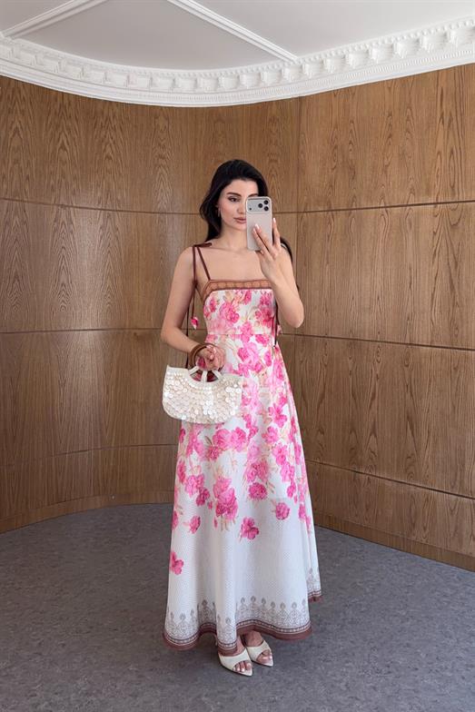 Pembe Çiçek Desenli Vintage Askılı Elbise