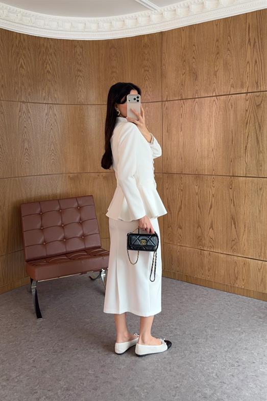 Peplum Beyaz Ceket-Etek Takım