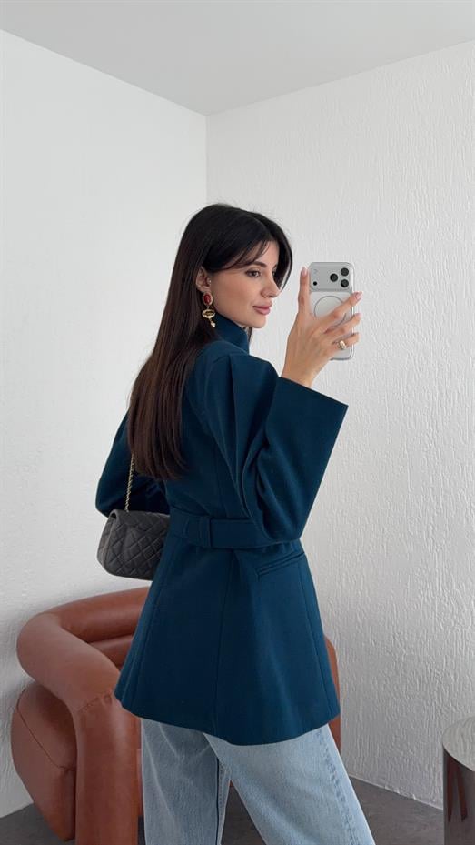 Petrol Mavisi Kısa Kaşe Kaban