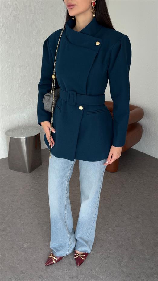 Petrol Mavisi Kısa Kaşe Kaban