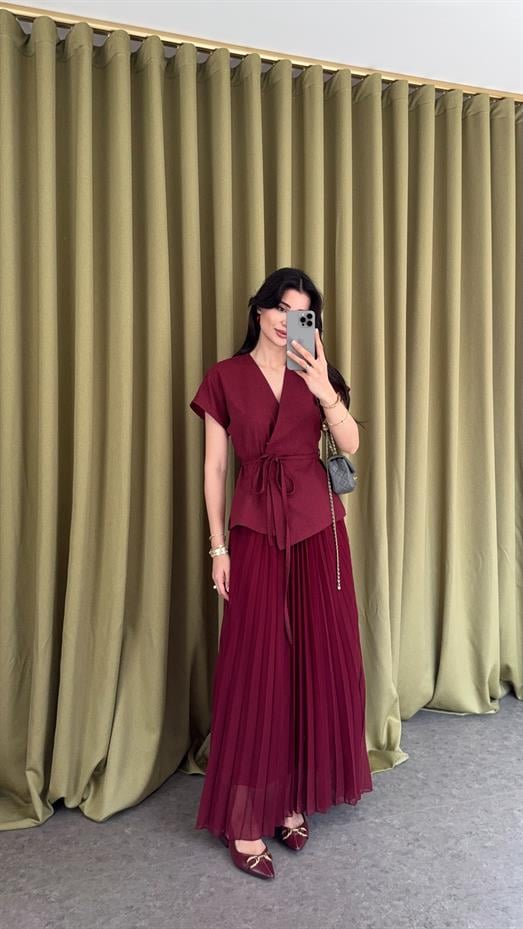 Pileli Bordo Yelek-Etek Takım