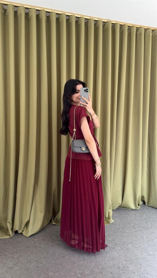 Pileli Bordo Yelek-Etek Takım