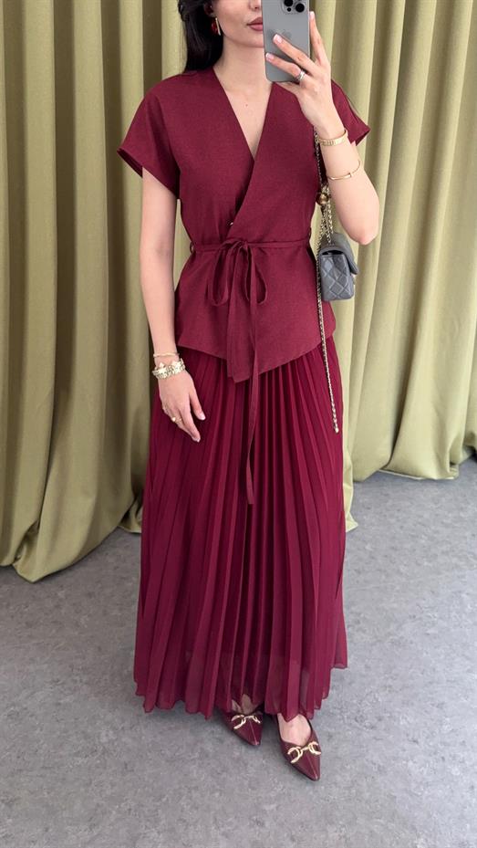 Pileli Bordo Yelek-Etek Takım