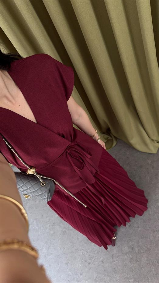 Pileli Bordo Yelek-Etek Takım