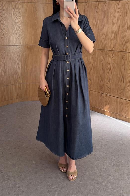 Pileli Lacivert Denim Elbise